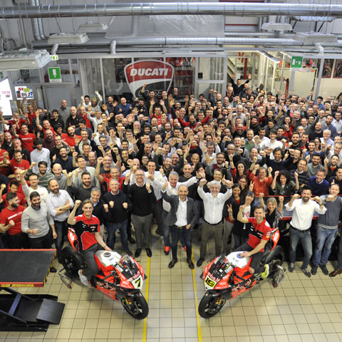 Álvaro Bautista and Chaz Davies celebrate Ducati’s 350 World Superbike wins at Borgo Panigale